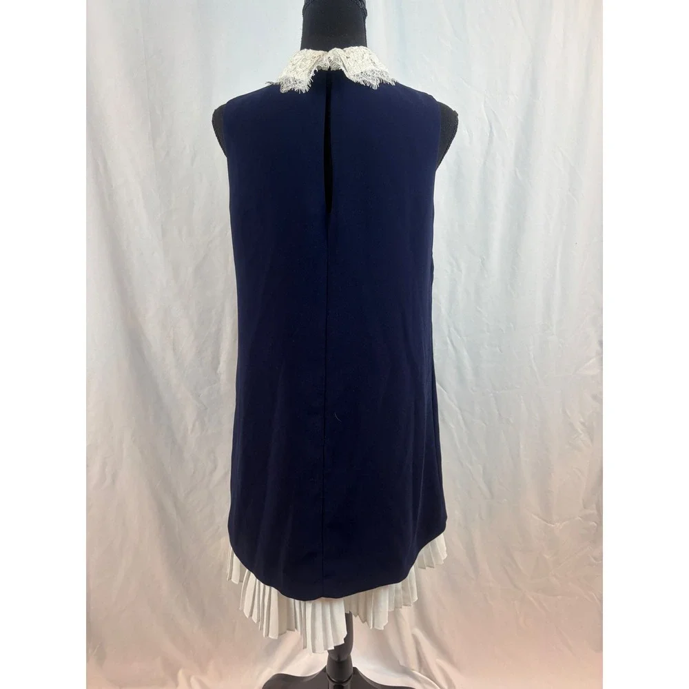 Nanette Lepore Navy Blue Shift Dress Lace Collar Pleated Hem Sleeveless Size 6 - Picture 9 of 14